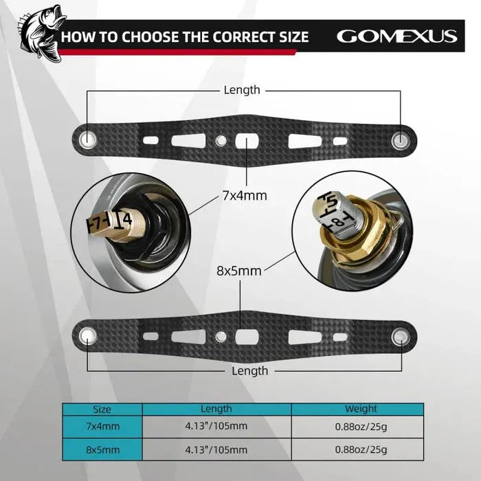 Anleitungsdiagramm zum Vergleich der Größen 7x4mm und 8x5mm für den Gomexus Carbon 105 mm Griff mit 27 mm Kork Knobs, mit beschrifteten Teilen und einer Tabelle zu Länge und Gewicht für jede TORAY-Carbonfaser-Option.