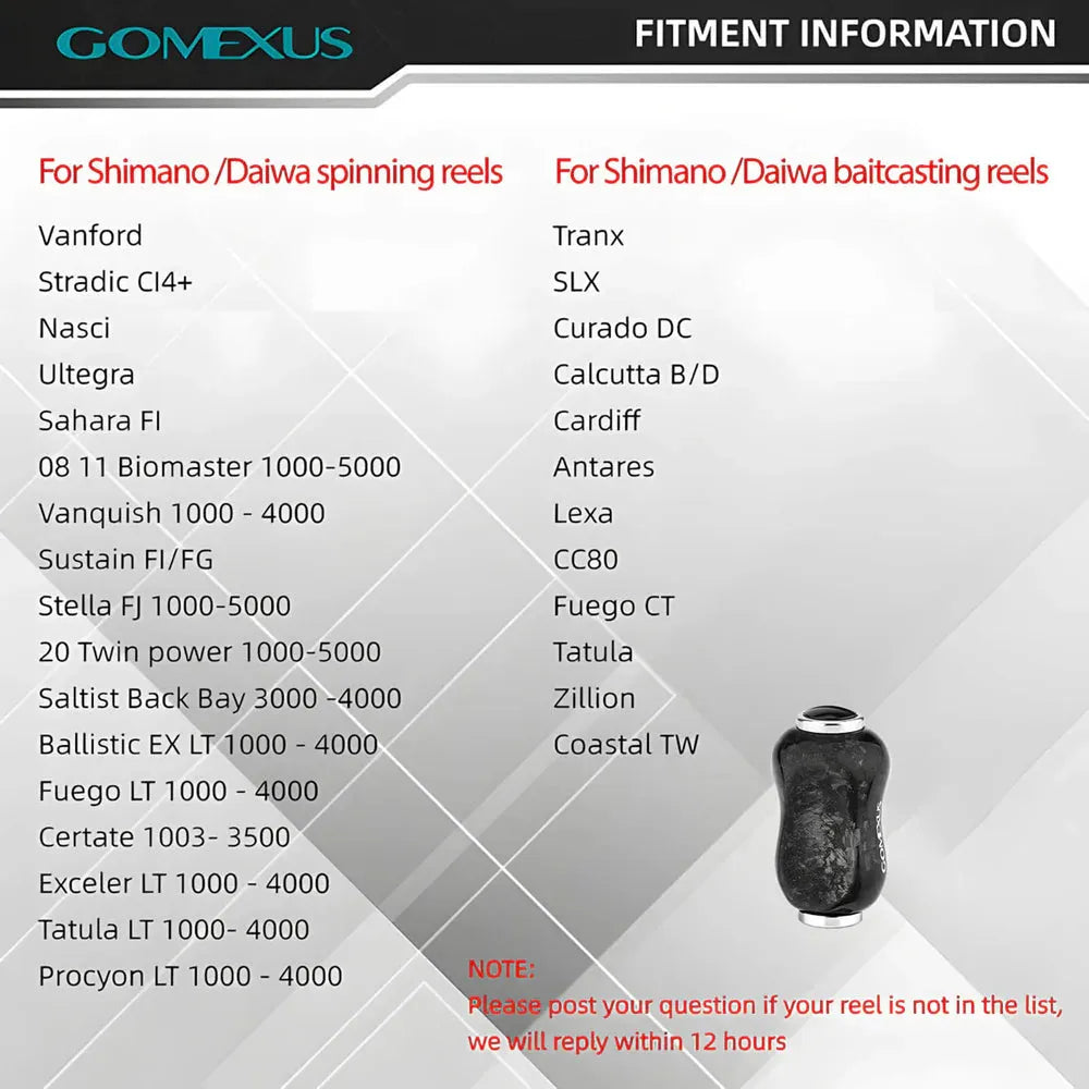 Eine Gomexus Passungstabelle listet kompatible Shimano/Daiwa Spinn- und Baitcasting-Rollen für den Gomexus Carbon Forged F22 Knopf auf. Das Bild zeigt den Knopf mit Edelstahlkugellager; fragen Sie nach, wenn Ihre Rolle nicht aufgeführt ist.