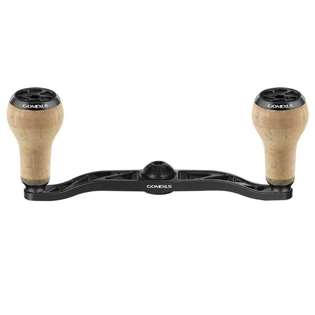 A Gomexus Kurbel 100mm Handgriff mit 27 mm Kork-Knobs (8x5mm) in Schwarz mit zwei hellbraunen Kork-Knobs, abgebildet vor weißem Hintergrund.