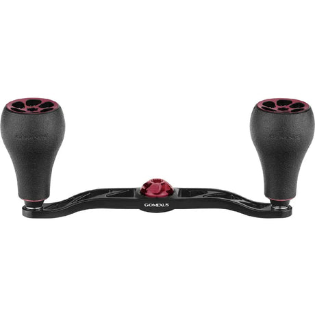 Ein schwarzer Gomexus Crank 120-mm-Griff mit zwei großen 30-mm-TPE-Knöpfen (7 x 4 mm) und roten Akzenten, der für Baitcasterrollen entwickelt wurde, wird auf einem schlichten weißen Hintergrund angezeigt.