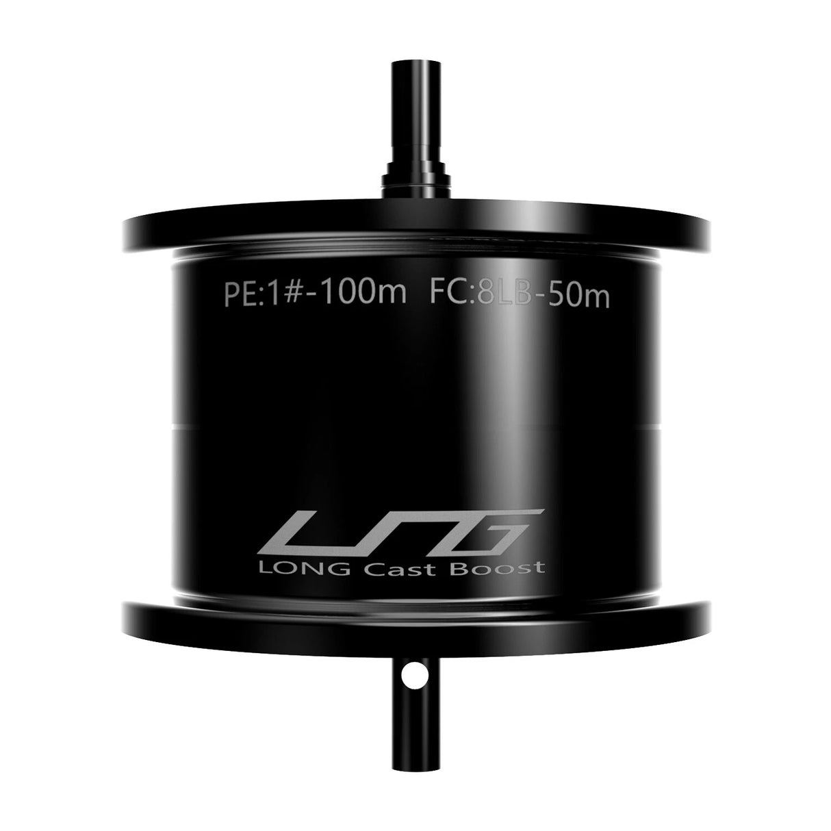 Eine schwarze Gomexus Flachspule für Shimano 20 & 22 Metanium, aus Aluminium für BFS-Tuning, zeigt Linienkapazität: PE 1#-100m, FC 8LB-50m. Das Produkt trägt die Aufschrift "LONG Cast Boost" und wird vor weißem Hintergrund präsentiert.