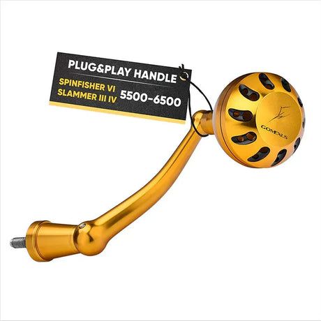 Der Gomexus Plug & Play Aluminium Power Handle, goldfarben mit perforiertem runden Knopf, passt für Penn Spinfisher VI&VII und Slammer III&IV Rollen (2500–10500).