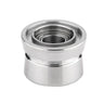 Ein Gomexus Schnurlaufröllchen für Shimano SW Angelrollen, ein zylindrisches Teil aus Edelstahl mit hohler Mitte und geriffeltem Design von Gomexus, ist vor einem weißen Hintergrund abgebildet.