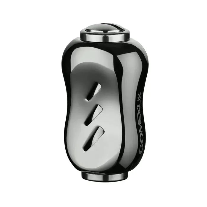 Der Gomexus Titanium 22 mm Knauf ist ein rauchfarbener, metallischer, ergonomisch geformter Angelrollenknauf mit zwei schrägen Schlitzen, schwarzen Akzenten an beiden Enden und "Gomexus"-Branding - mit langlebigen schwarzen Titanknäufen. Schlichter weißer Hintergrund.