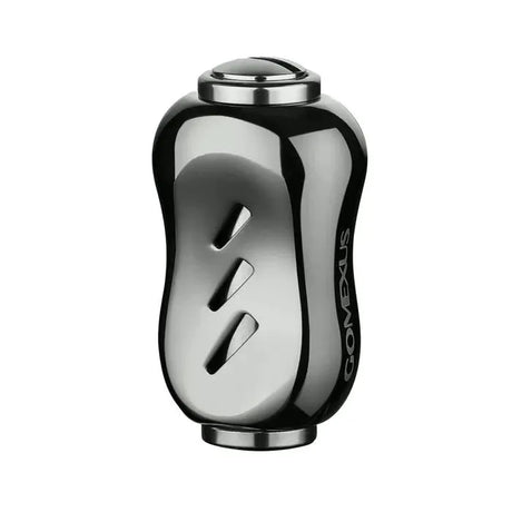 Der Gomexus Titanium 22 mm Knauf ist ein rauchfarbener, metallischer, ergonomisch geformter Angelrollenknauf mit zwei schrägen Schlitzen, schwarzen Akzenten an beiden Enden und "Gomexus"-Branding - mit langlebigen schwarzen Titanknäufen. Schlichter weißer Hintergrund.