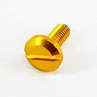 Auf einer weißen Oberfläche ist eine goldene Hedgehog Studio Extra Super Duralumin Schraube für Schnurlaufröllchen, flacher Kopf mit geradem Schlitz, für SHIMANO/DAIWA Spinnrollen zu sehen – Präzisionsarbeit von Hedgehog Studio.