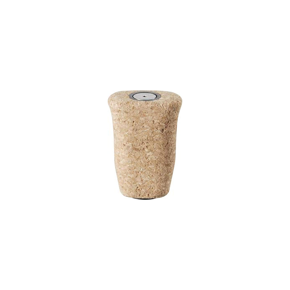 Ein einzelner SLP Works RCS i-Shape Cork Knob Flaschenverschluss in Non Coat Farbe, mit einer leicht ausgestellten Oberseite und einem zentralen Metalldetail, dargestellt vor einem schlichten weißen Hintergrund.