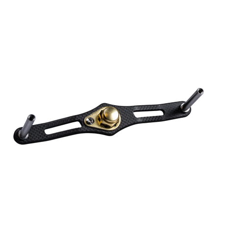 Der RL-TNG EGL 95 Carbon Handle von RL-TNG ist eine goldene, rechteckige Baitcaster-Kurbel mit parallelen Schlitzen, einem zentralen goldenen Knopf, der durch eine silberne Schraube befestigt ist, und Metallstangen an jedem Ende – hier vor einem weißen Hintergrund dargestellt.