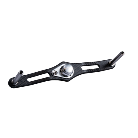 Der RL-TNG EGL 95 Carbon Handle | Baitcaster-Kurbel von RL-TNG in Silber verfügt über ein leichtes Carbon-Design mit einem zentralen Metallknopf und zwei parallelen Stangen an jedem Ende, ideal für Baitcaster-Rollen und vor einem weißen Hintergrund dargestellt.