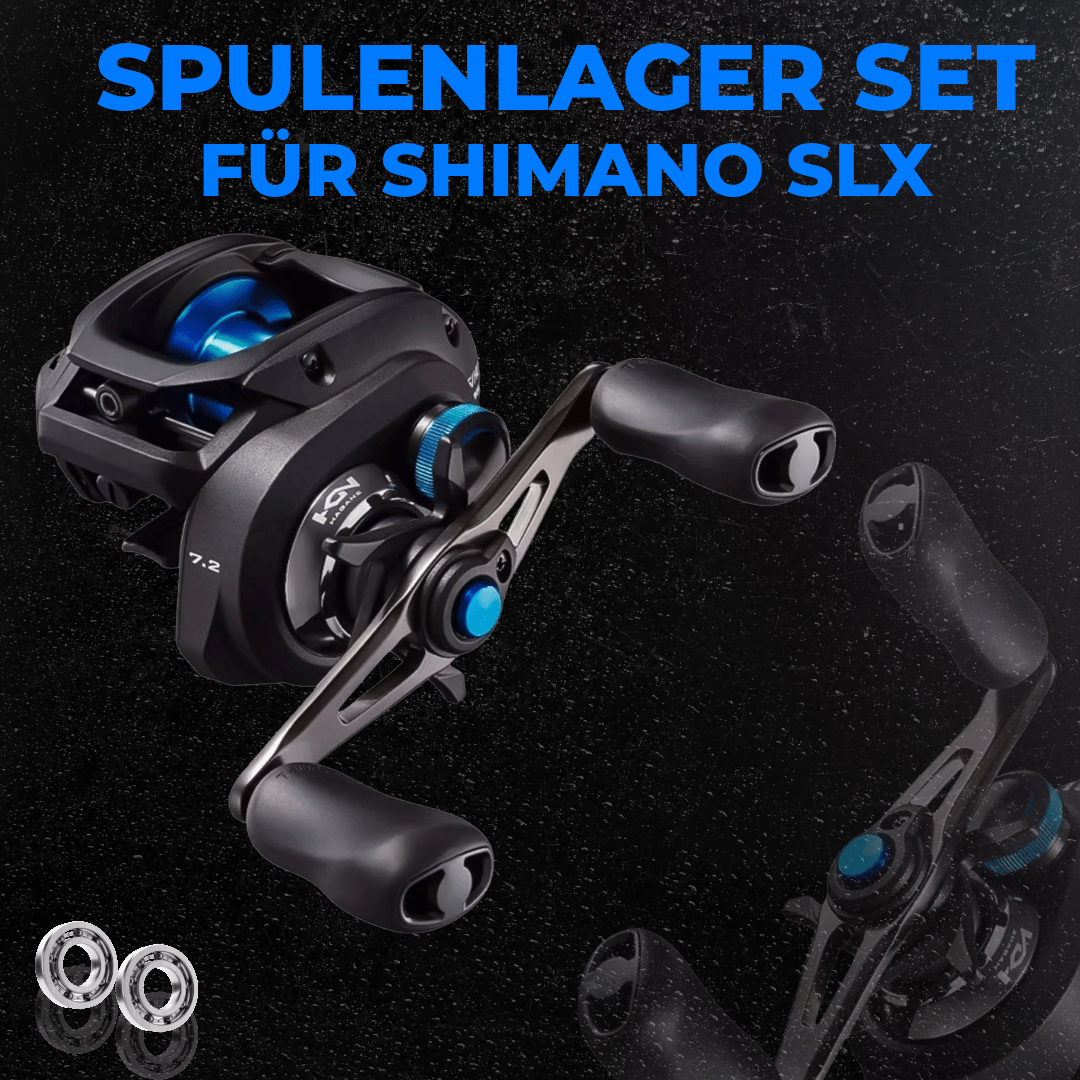 Abgebildet ist eine schwarze und blaue RL-TNG Shimano SLX Rolle, mit zwei kleinen RL-TNG High Speed Keramik Spulenlagern unten links. Oben steht in fetter blauer Schrift 