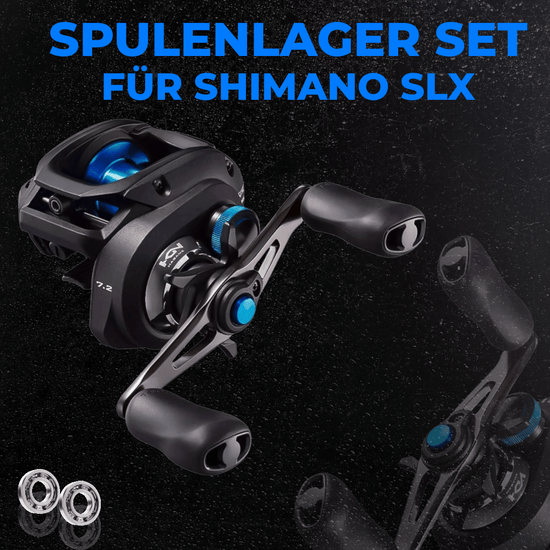 Abgebildet ist eine schwarze und blaue RL-TNG Shimano SLX Rolle, mit zwei kleinen RL-TNG High Speed Keramik Spulenlagern unten links. Oben steht in fetter blauer Schrift 