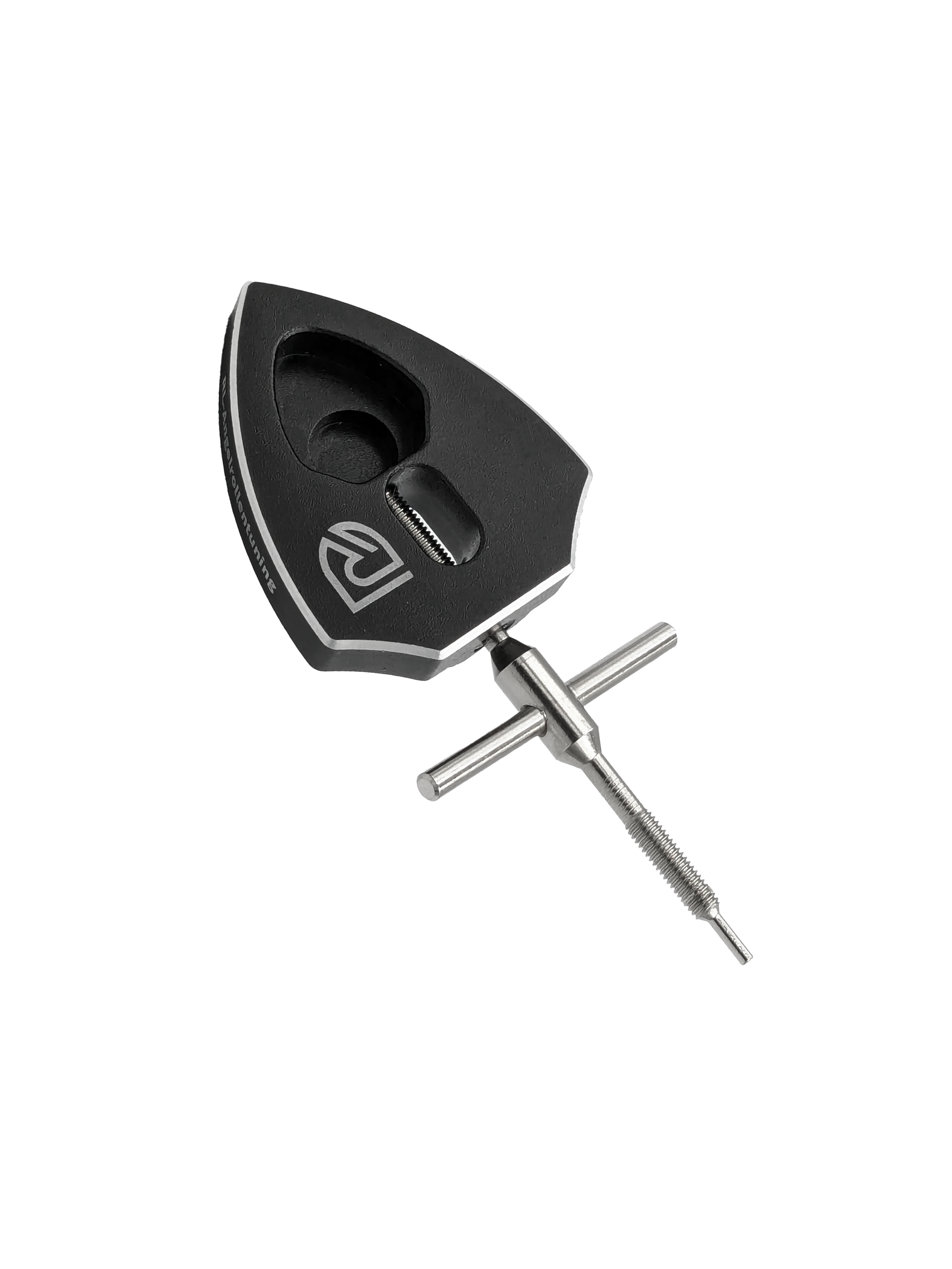 Der RL-TNG Spool Bearing Pin Remover mit Kreuzschlüssel von RL-Angelrollentuning ist ein schwarzes Metallwerkzeug mit Logo und T-Griff, ideal für Angelrollen Tuning und Baitcaster Reparatur, gezeigt vor schwarzem Hintergrund.