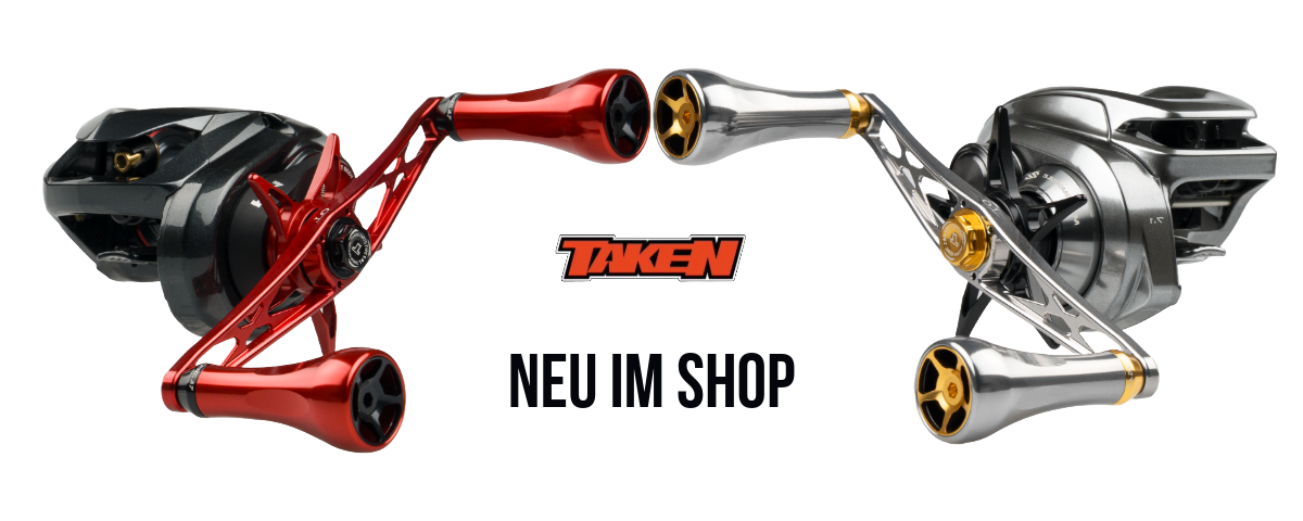 Zwei Angelrollen, eine mit roten Akzenten auf der linken Seite und eine mit silbernen und goldenen Akzenten auf der rechten Seite, stehen sich gegenüber, dazwischen die Worte TAKEN und NEU IM SHOP.