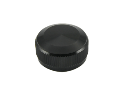 Eine schwarze, runde Aluminium Avail Spool Tension Knob Cap für 19 SLX MGL, 20 SLX DC, oder 21 SLX BFS Rollen ist auf weißem Hintergrund abgebildet.