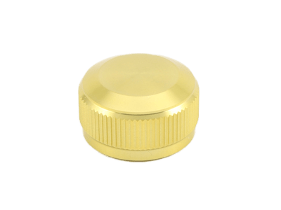 Die goldene Avail Aluminum Spool Tension Knob Cap für 19 SLX MGL, 20 SLX DC und 21 SLX BFS Rollen ist auf weißem Hintergrund abgebildet und weist ein rundes Metalldesign mit geripptem Rand auf.