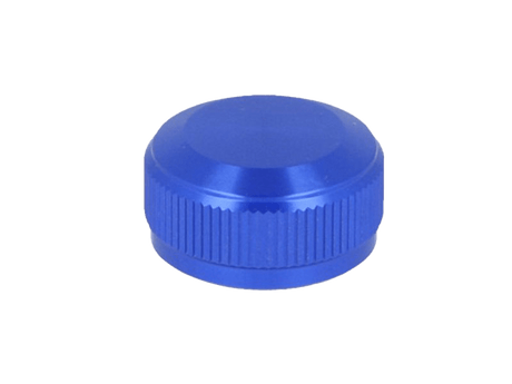 Eine blaue, runde Avail 19 SLX MGL | 20 SLX DC | 21 SLX BFS Aluminium Spool Tension Knob Cap mit strukturiertem Griff, abgebildet auf einem schlichten weißen Hintergrund.