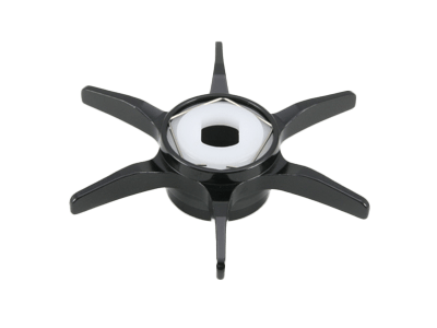 Die Avail Hexagonal Sternbremse für Shimano von Avail ist ein schwarzes Objekt mit sechs gleichmäßig verteilten Armen und einem weißen sechseckigen Zentrum, das vor einem schlichten weißen Hintergrund gezeigt wird.