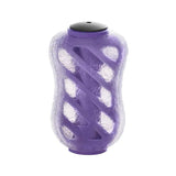 Ein lilafarbener Gomexus 20 mm Finesse Touch Knob TPE mit strukturiertem zylindrischem Design, Spiralrillen und schwarzen runden Enden, der einem Kurbelknauf für eine Angelrolle ähnelt, ist vor einem schlichten weißen Hintergrund abgebildet.