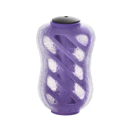 Ein lilafarbener Gomexus 20 mm Finesse Touch Knob TPE mit strukturiertem zylindrischem Design, Spiralrillen und schwarzen runden Enden, der einem Kurbelknauf für eine Angelrolle ähnelt, ist vor einem schlichten weißen Hintergrund abgebildet.