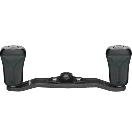 Der Gomexus 85|95 mm Carbon-Griff mit 21 mm Verbundknöpfen (8 x 5 mm) verfügt über zwei ergonomische Knöpfe und eine zentrale Halterung, dargestellt in Schwarz auf weißem Hintergrund – ideal zum Aufrüsten Ihrer Baitcasting-Rolle.