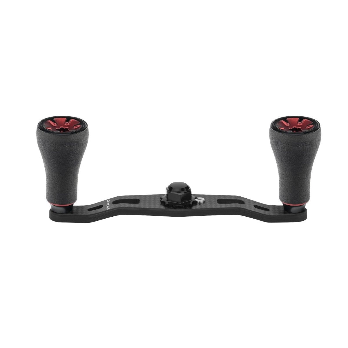 Der Gomexus 95mm Carbon Handle mit P20 Knobs von Gomexus verfügt über rote P20 Knobs auf einer schwarzen Metallplatte mit einem zentralen Befestigungspunkt.