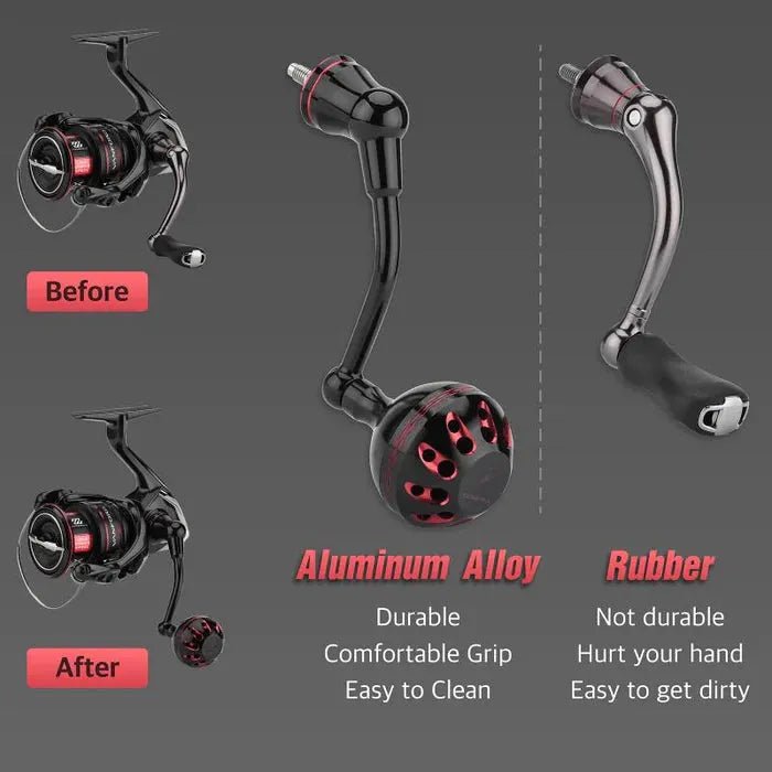 Vergleich einer Shimano Vanford-Rolle mit originalem Gummigriff (Vorher) und einem Upgrade mit Gomexus Aluminiumgriff (Nachher). Der Text hebt die langlebige Aluminiumlegierung, den verbesserten Komfort und die einfache Wartung von Gomexus hervor.