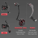 Vergleich einer Shimano Vanford-Rolle mit originalem Gummigriff (Vorher) und einem Upgrade mit Gomexus Aluminiumgriff (Nachher). Der Text hebt die langlebige Aluminiumlegierung, den verbesserten Komfort und die einfache Wartung von Gomexus hervor.