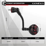 Der Gomexus Aluminium-Griff für Shimano Vanford von Gomexus in Schwarz und Rot mit Power Knob hat eine Grifflänge von 63 mm, einen Knaufdurchmesser von 35 mm und wiegt 425 g. Er ist auf einem beschrifteten Hintergrund abgebildet.