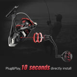 Abgebildet ist ein Gomexus Aluminiumgriff für Shimano Vanford mit beschrifteten Teilen, darunter ein Power Knob für besseren Halt. Das Bild enthält den Text: Plug&Play – Installation in 10 Sekunden. Marke: Gomexus.