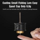 Eine Hand hält die leichte Gomexus Aluminiumspule für die Daiwa Tatula TW 80. Darüber steht: „Kleine Angelköder leicht werfen – Spulenbecher nur 6,8 g, Wurfweite 20–25 m mit kleinen Ködern.“ Marke: Gomexus.