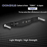 Ein Gomexus Carbon 105 mm Griff mit 27 mm Kork Knobs ist auf einem strukturierten Hintergrund abgebildet. Der Text hebt sein geringes Gewicht, seine Stärke und die hochwertige TORAY-Carbonfaser des renommierten japanischen Herstellers hervor.