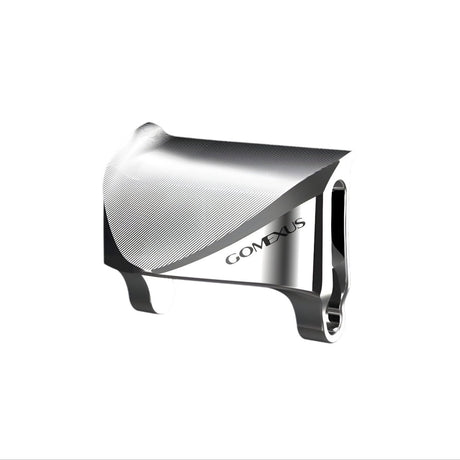 Die Gomexus-Kupplung für 21 Antares DC und 22 Exsence DC ist eine CNC-gefräste Daumenauflage für Baitcastingrollen aus Aluminium mit gewölbter, strukturierter Oberfläche und Klemmbefestigung, die für Shimano-Rollen entwickelt wurde und auf weißem Hintergrund abgebildet ist.