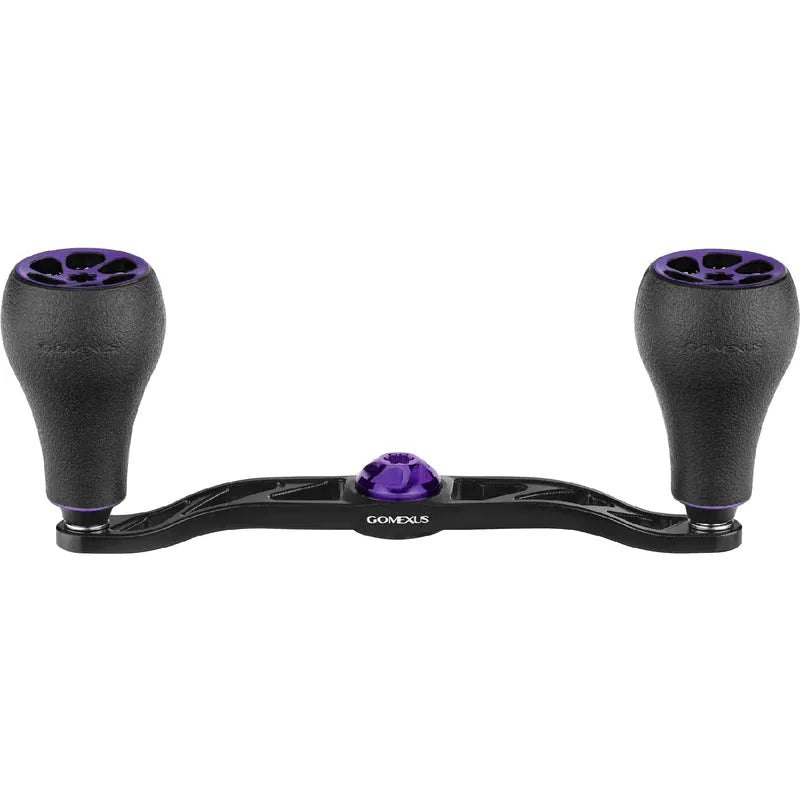 Der Gomexus Crank 120 mm Griff mit 30 mm TPE-Knöpfen (7 x 4 mm), in Schwarz mit kräftigen violetten Akzenten und zwei großen strukturierten Knöpfen, wird von Gomexus vor einem weißen Hintergrund präsentiert.