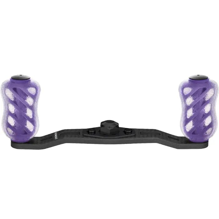 Eine Gomexus-Kurbel 95 mm | 85 mm Carbon-Griff mit zwei 20 mm Finesse Touch-Knöpfen (8 x 5 mm), befestigt an einem zentralen Montagebügel, ist auf weißem Hintergrund abgebildet.