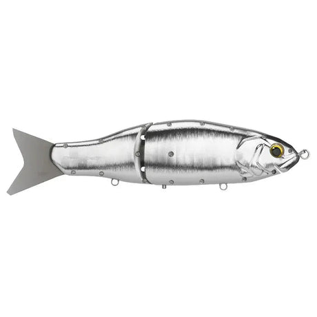 Der Gomexus Cyberbait 240 von Gomexus ist ein silberner, gegliederter Swimbait-Angelköder mit fischähnlichem Design, gelbem und schwarzem Auge, Metallic-Finish, grauer Schwanzflosse und präzisen CNC-gefrästen Details.