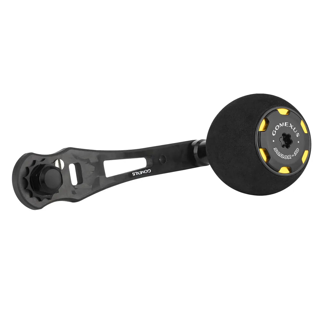 Der Gomexus Forged Carbon Handle 65–75 mm mit EVA Power Knob in Schwarz mit gelben Akzenten verfügt über ein verstellbares Längendesign und ist perfekt für Salzwasserrollen.