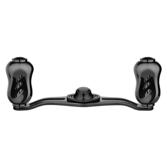 Der Gomexus Kage Titanium Handle in Schwarz verfügt über 22 mm Titanknöpfe (7x4mm) und eine zentrale Halterung, ideal für BFS-Angler. Abgebildet mit zwei ergonomischen Knöpfen auf weißem Hintergrund.