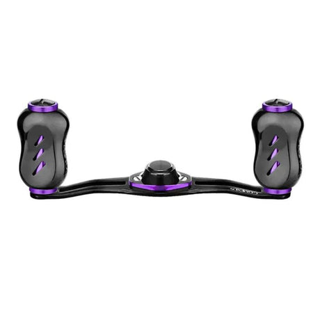 Der Gomexus Kage Titanium Handle mit 22 mm Titanium Knobs (8x5mm) von Gomexus ist ein schwarz-violetter Angelrollengriff mit Doppelgriff und ergonomischen Griffen, gefertigt aus leichter Titanium-Legierung, abgebildet auf weißem Hintergrund.