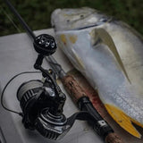 Eine Angelrute mit einem Gomexus Plug & Play Aluminium Power Handle für Daiwa BG MQ liegt auf einer Oberfläche neben einem großen, frisch gefangenen silber-gelben Fisch und deutet auf einen kürzlichen Fang in der Nähe des Wasserrands hin.
