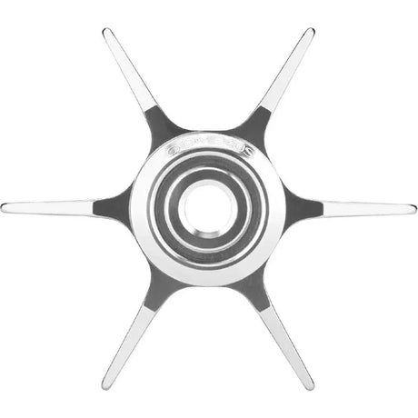 Die Gomexus Sternbremse Aluminium 64 mm für Abu Garcia, von oben gesehen, verfügt über sechs gleichmäßig verteilte Speichen und ein Zentrallager – perfekt zum Aufrüsten Ihrer Angelrolle.