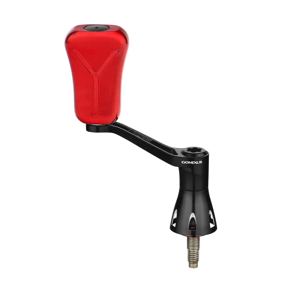 Der Gomexus Super Duralumin 35 mm Griff mit 21 mm Composite Knob verfügt über ein schwarz-rotes Design, einen großen ergonomischen Knauf, einen schwarzen Arm mit der Aufschrift Gomexus und ein Gewindeende zur einfachen Befestigung.