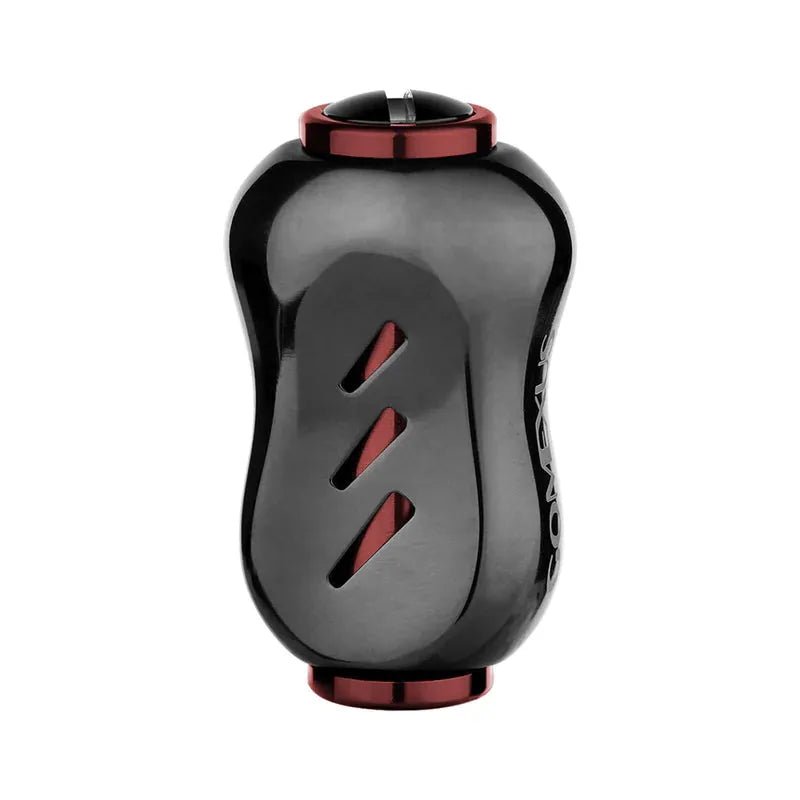 Der Gomexus Titanium 22 mm Knopf, in Schwarz und Rot, hat ein schwarzes, zylindrisches Design mit roten Endkappen und diagonalen Schlitzen, fotografiert vor einem schlichten weißen Hintergrund.