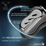 Nahaufnahme des Gomexus Titanium 22 mm Knopfes, der sich durch Korrosionsbeständigkeit, geringe Wärmeleitfähigkeit und hohe Festigkeit auszeichnet. CNC-gefräst mit 0,6 mm Dicke und kompatibel mit Edelstahl Kugellager.