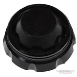 Auf weißem Hintergrund ist ein schwarzer, runder Hedgehog Studio-Griffschraubverschluss aus Kunststoff mit geriffelten Kanten und flacher Oberseite abgebildet. In der unteren rechten Ecke ist das Hedgehog Studio-Logo zu sehen.