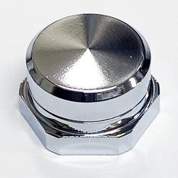 Eine Hedgehog Studio Shimano-Griff-Kontermutter M7 für Original Shimano-Kurbeln mit einer glänzenden, gebürsteten sechseckigen Duraluminium-Basis ruht auf einer weißen Oberfläche, deren Premium-Finish das Licht wie bei High-End-Komponenten reflektiert.