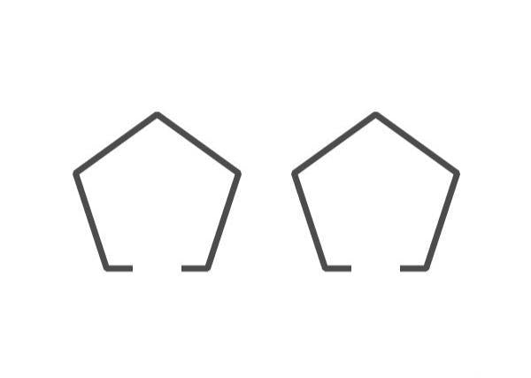 Zwei schwarze Fünfeck-Umrisse, denen jeweils die Unterseite fehlt, sitzen nebeneinander auf weißem Grund. Dieses Kugellager-Stopfen-Design von Hedgehog Studio ist universell einsetzbar und für viele Zwecke anpassbar.