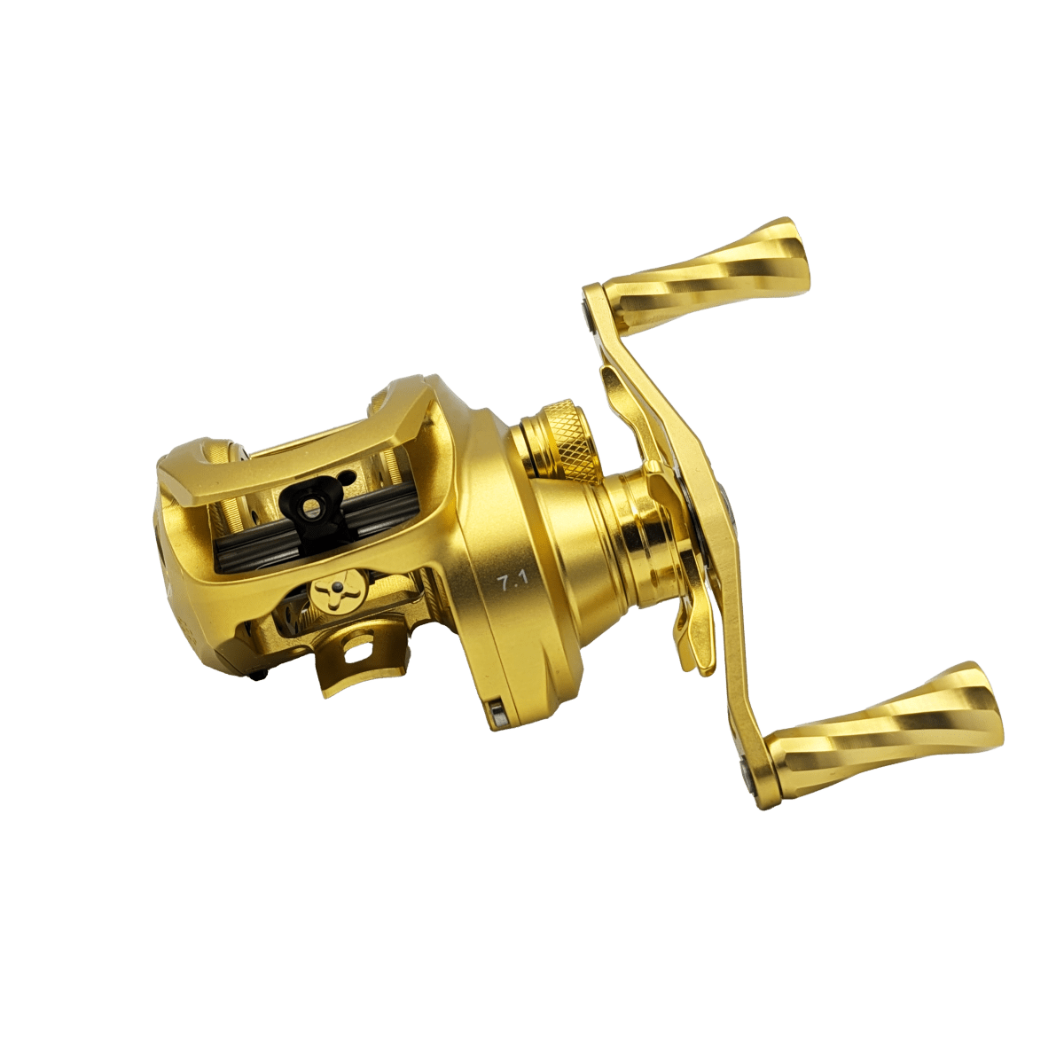 Die Loongze Airlite - A100 Air DBC Angelrolle von Loongze zeichnet sich durch eine goldene Farbe, zwei Griffe, sichtbare Zahnräder und Struktur sowie eine elektromagnetische Bremssteuerung aus, die vor einem weißen Hintergrund gezeigt wird.