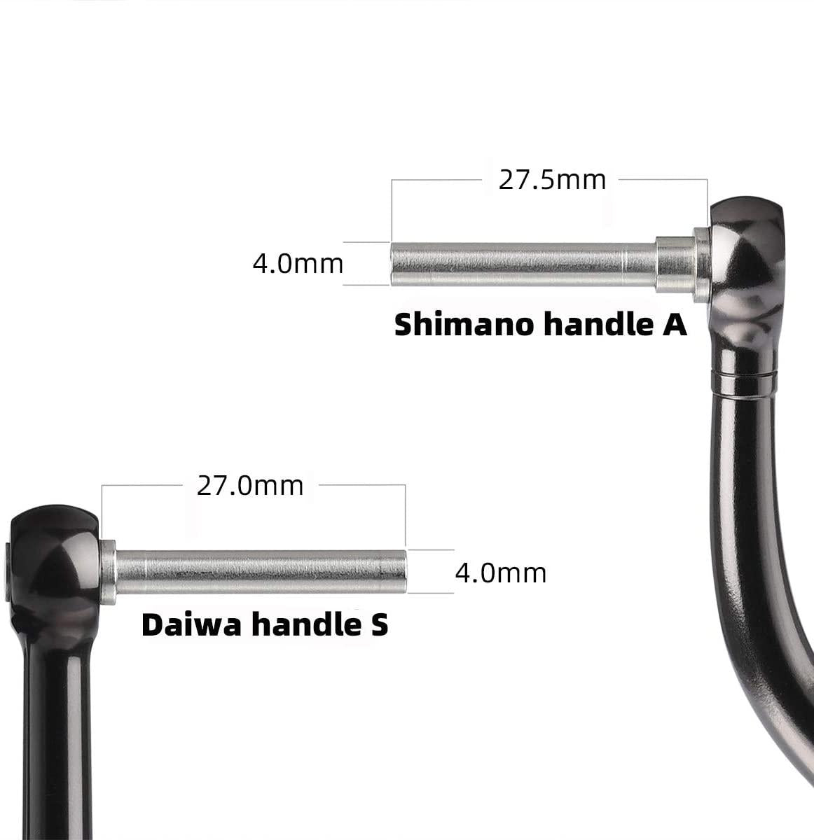 Zwei RL-TNG Kork Knob 20mm Griffe von RL-Angelrollentuning werden für Angelrollen gezeigt. Shimano Griff A hat einen Durchmesser von 27,5 mm, Daiwa Griff S einen Durchmesser von 27,0 mm; beide haben 4,0 mm starke Schäfte. Alle Maße sind beschriftet.