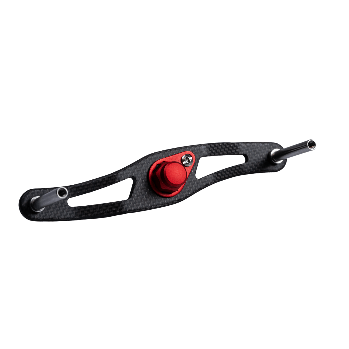 Der RL-TNG DRG 95 Carbon Handle | Baitcaster-Kurbel von RL-TNG in Rot verfügt über eine leichte Kohlefaserkonstruktion mit einem roten Mittelknopf, zwei Metallstangen an jedem Ende, die mit Schrauben befestigt sind und auf einem weißen Hintergrund abgebildet sind.