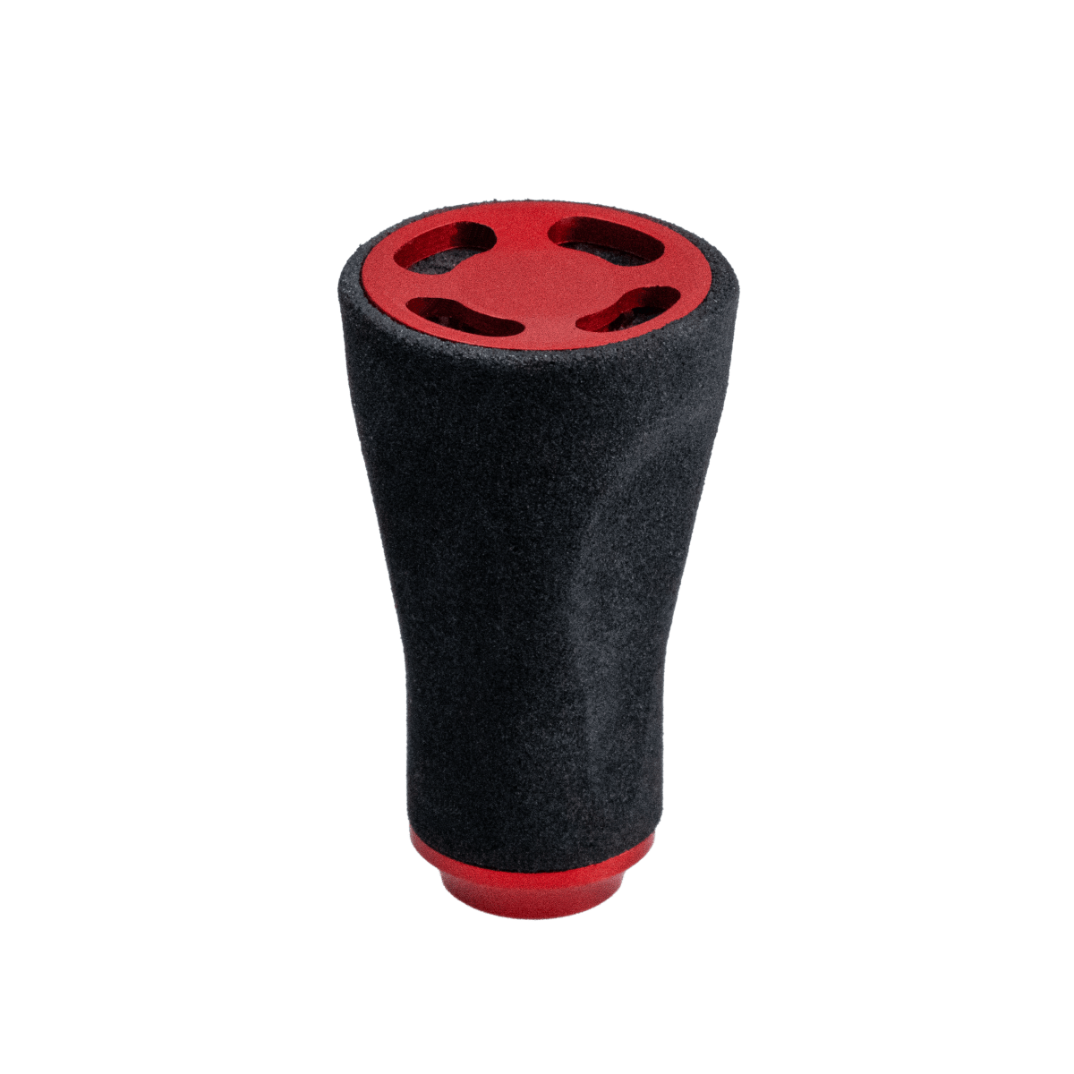 Der RL-TNG JGR 19 EVA-Knopf von RL-TNG ist ein ausgestellter, strukturierter, roter, zylindrischer Kurbelknauf mit runder Ober- und Unterseite und jeweils vier ovalen Öffnungen – ideal für ein Angelrollen-Upgrade. Abgebildet auf weißem Hintergrund.